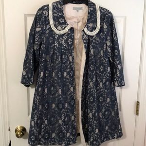 Blue lace coat with pearl trim collar M